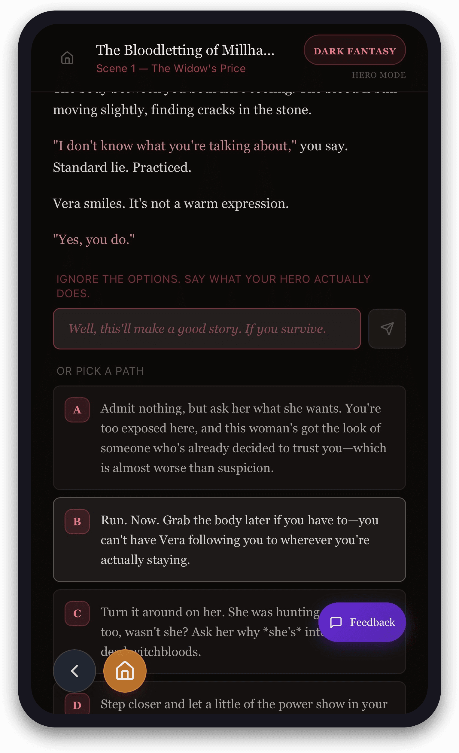 Loomiverse story scene where the reader can write their own move or choose a path