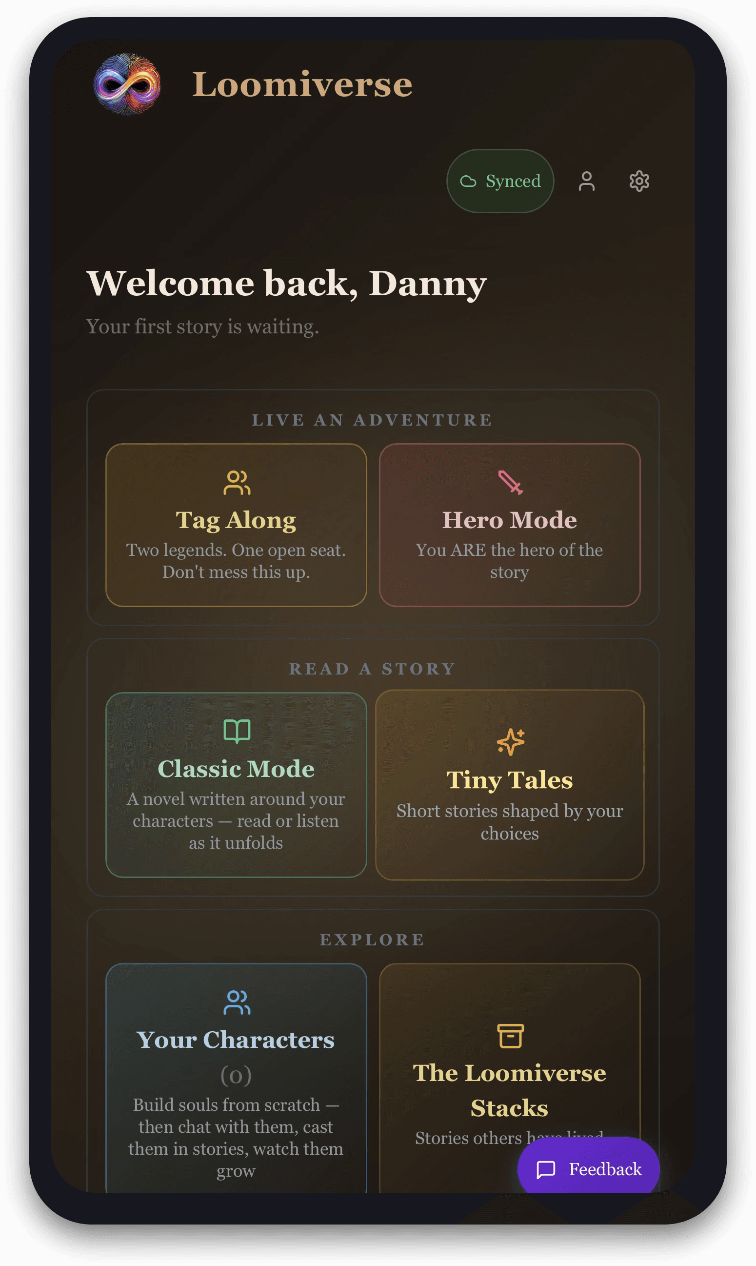 Loomiverse home screen showing Hero Mode, Tag Along, reading, and story creation options