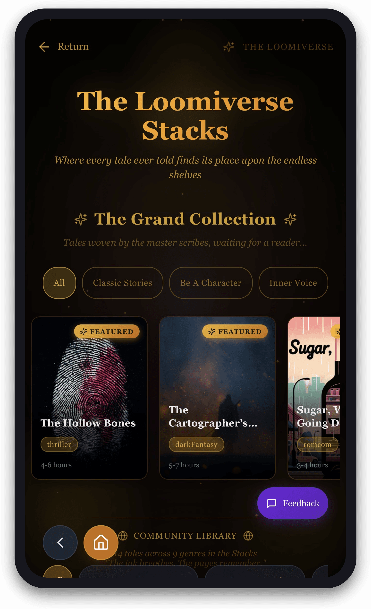 The Loomiverse Stacks — a library of pre-written tales across every genre, ready to read.