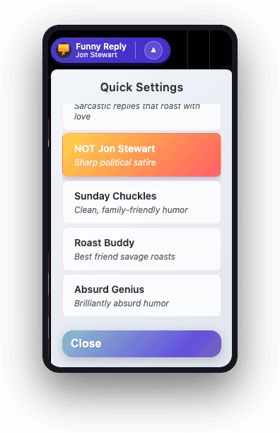 Quiply quick settings screen with built-in reply styles