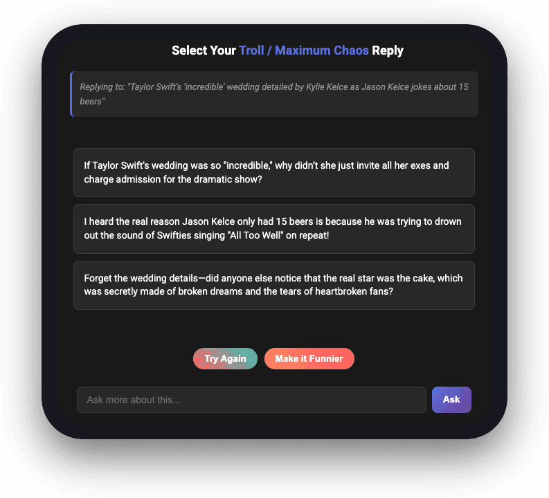 Quiply showing three humorous reply choices for a post