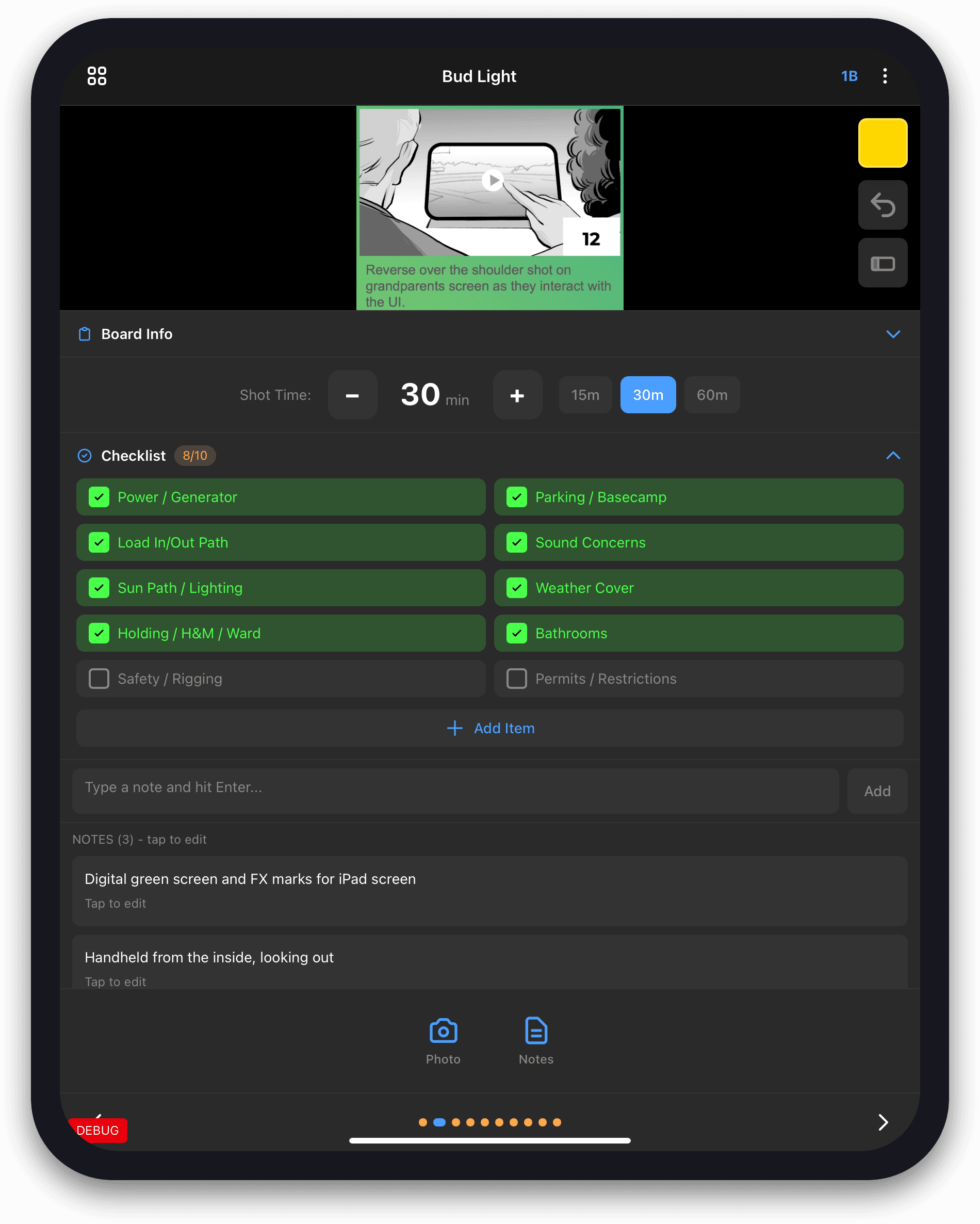 Keep the board, timing, location checklist, and department notes together for every shot.