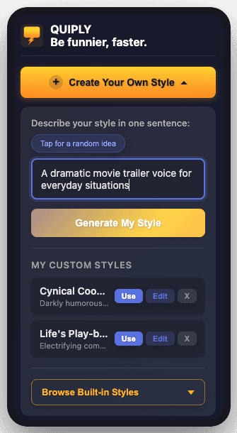Quiply's home—pick a personality and it's ready to reply.